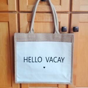 Hello Vacay Burlap Travel Tote NWT